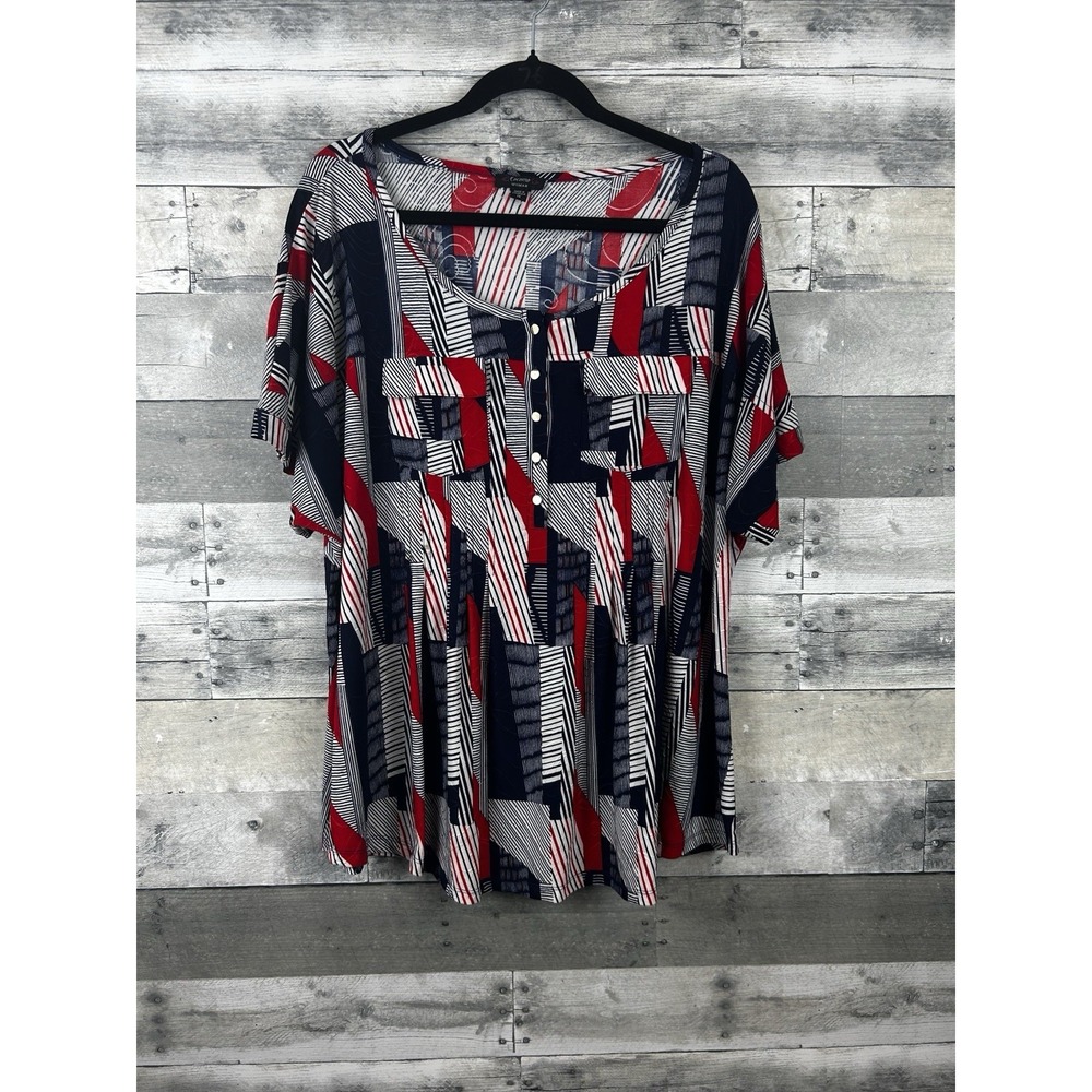 Como Women's 1X Scoop Neck 1/2 Button Up Short Sleeve Blouse